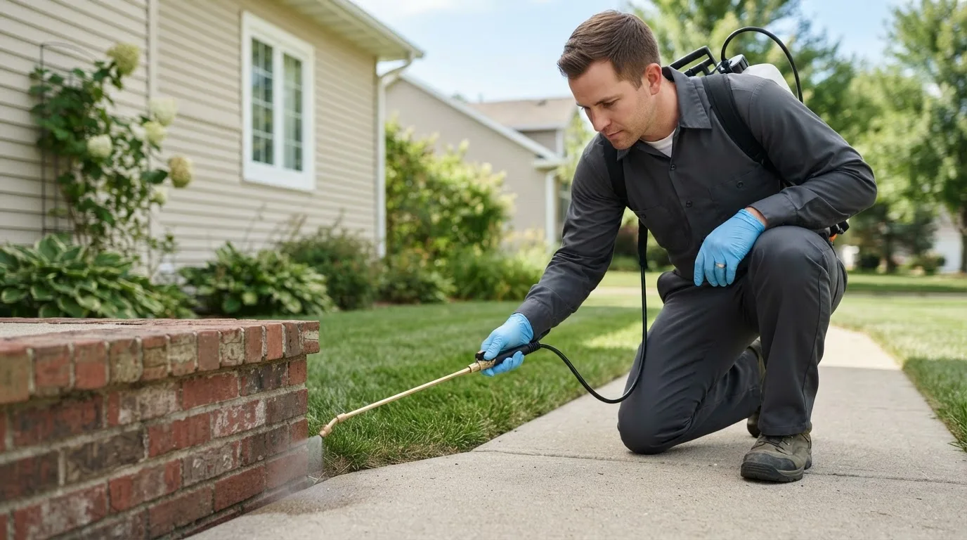 Pest control technician treating a home near North Norwich, NY